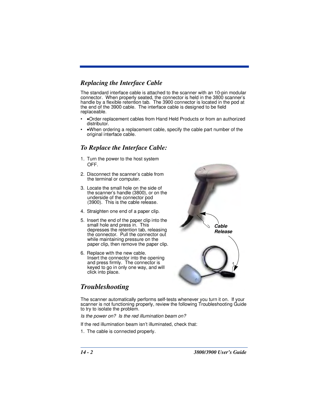 Hand Held Products 3900, 3800 manual Troubleshooting, Replacing the Interface Cable, To Replace the Interface Cable 