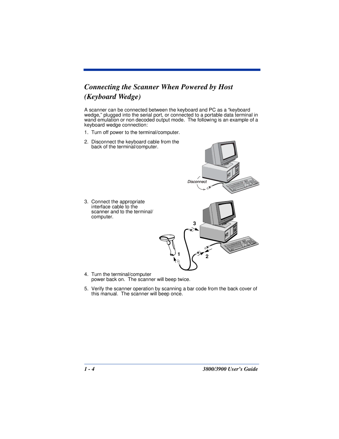 Hand Held Products 3900, 3800 manual Connecting the Scanner When Powered by Host Keyboard Wedge 