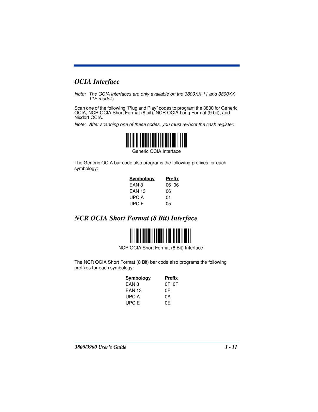 Hand Held Products 3800, 3900 manual Ocia Interface, NCR Ocia Short Format 8 Bit Interface, Symbology Prefix 