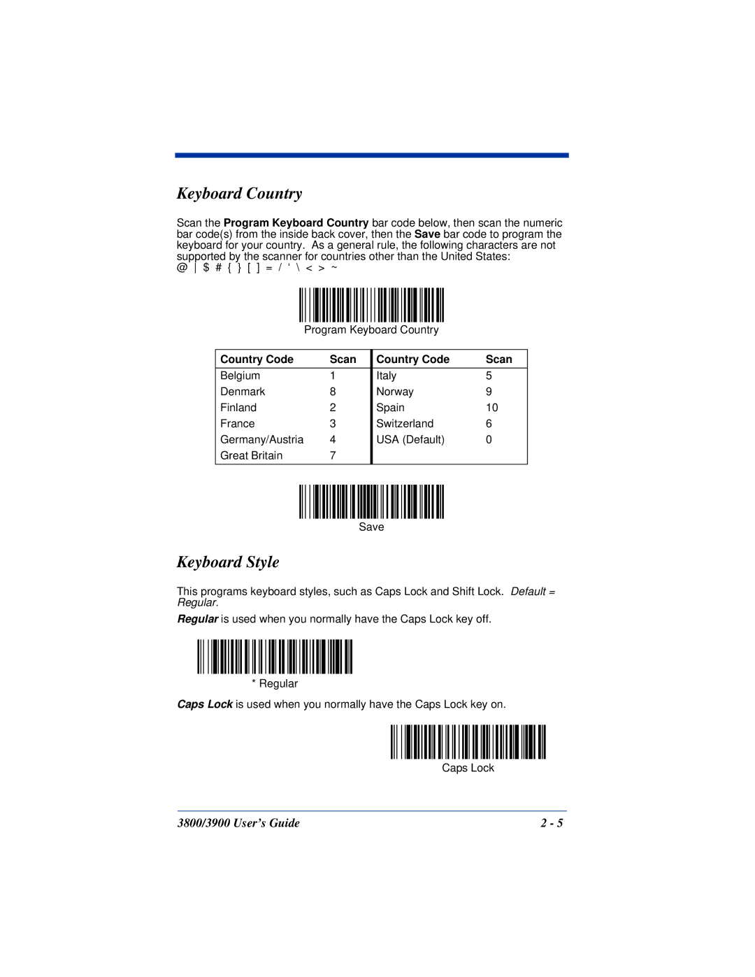 Hand Held Products 3800, 3900 manual Keyboard Country, Keyboard Style, Country Code Scan 