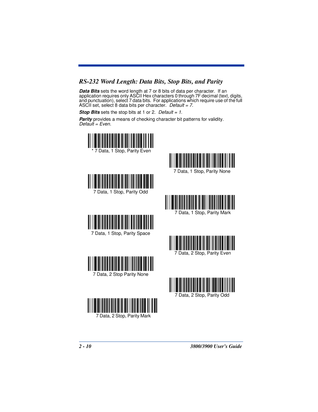 Hand Held Products 3900, 3800 manual RS-232 Word Length Data Bits, Stop Bits, and Parity 