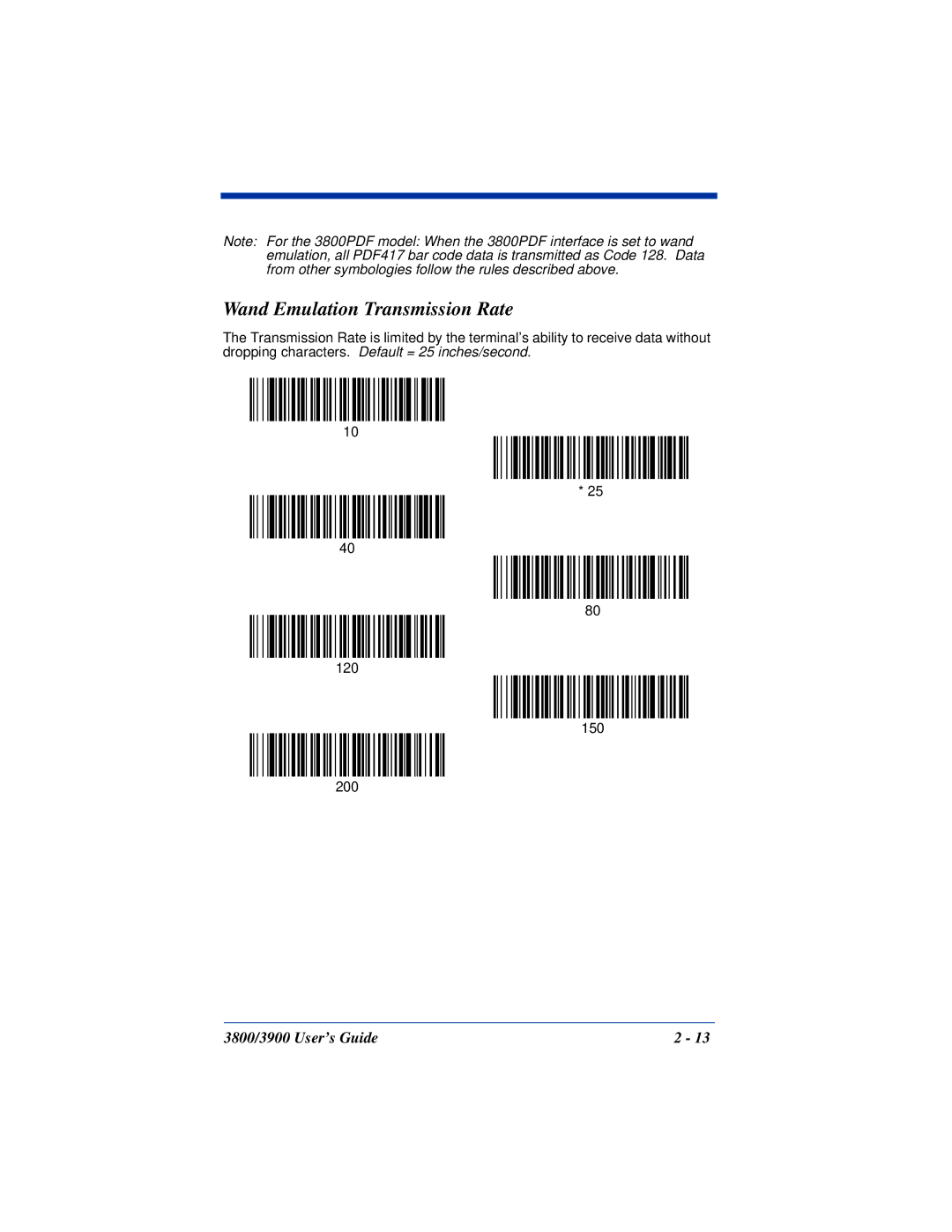 Hand Held Products 3800, 3900 manual Wand Emulation Transmission Rate 