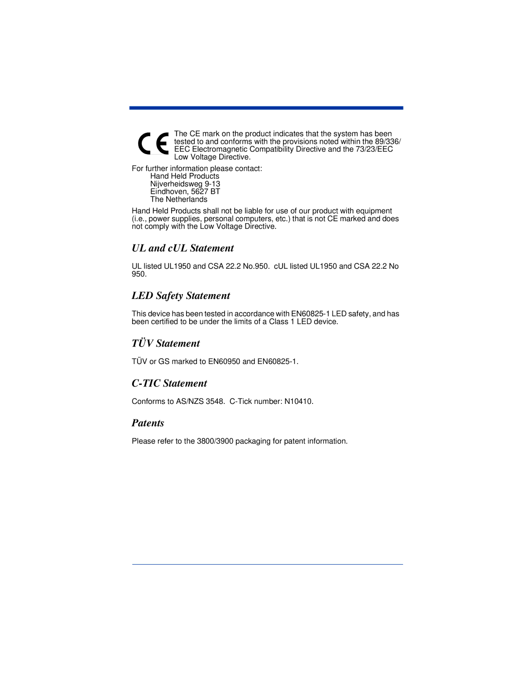 Hand Held Products 3900, 3800 manual UL and cUL Statement, LED Safety Statement, TÜV Statement, TIC Statement, Patents 