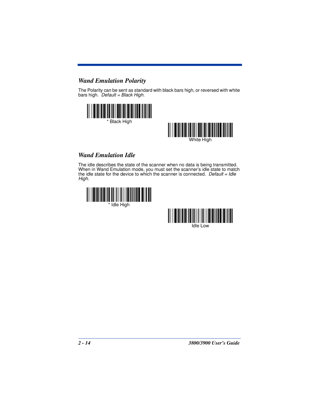 Hand Held Products 3900, 3800 manual Wand Emulation Polarity, Wand Emulation Idle 