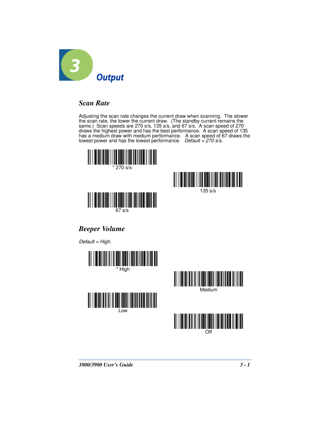 Hand Held Products 3800, 3900 manual Output, Scan Rate, Beeper Volume 