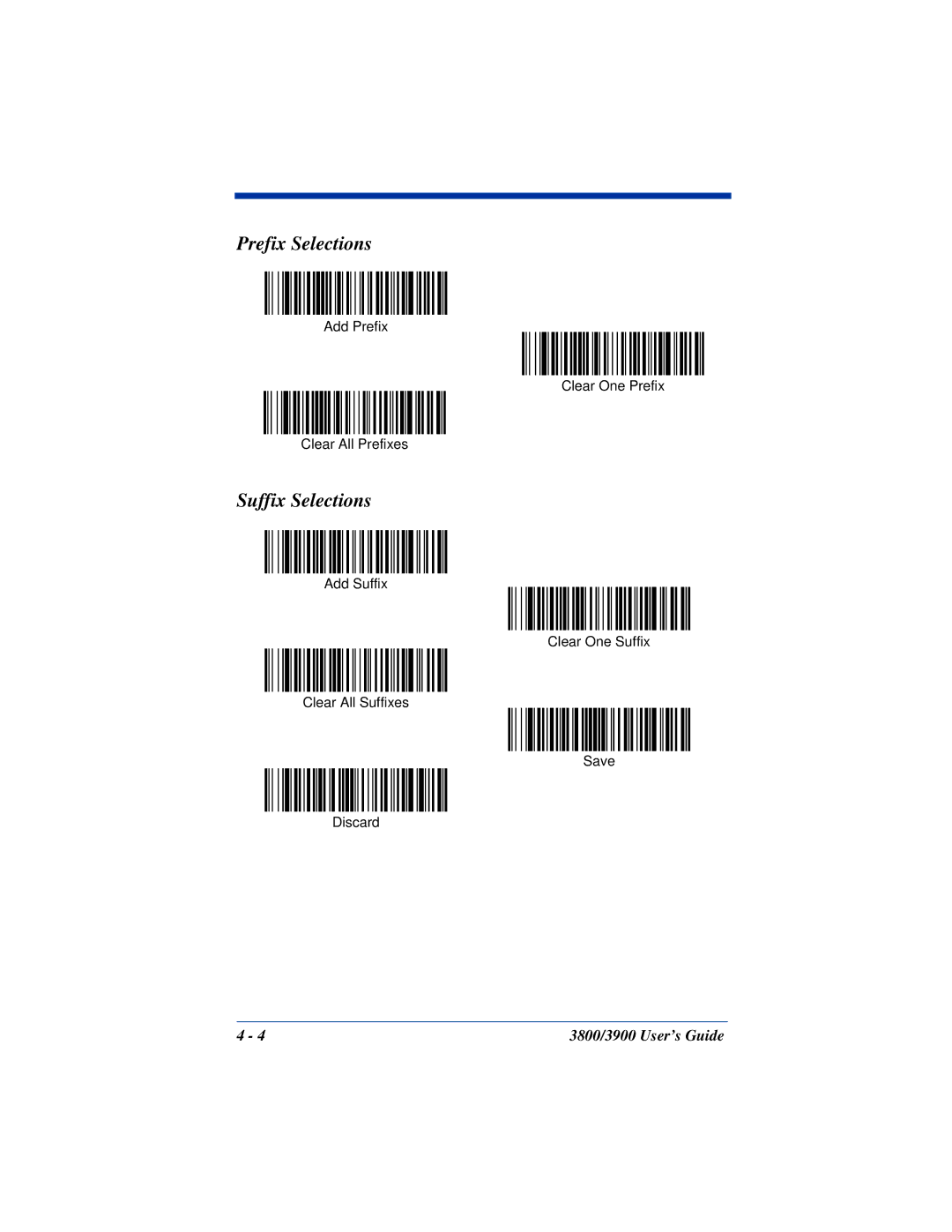 Hand Held Products 3900, 3800 manual Prefix Selections, Suffix Selections 