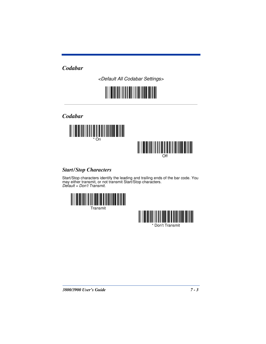 Hand Held Products 3800, 3900 manual Codabar, Start/Stop Characters 