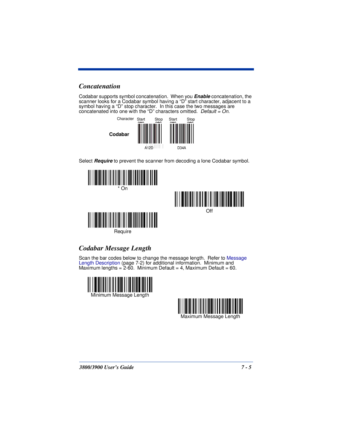 Hand Held Products 3800, 3900 manual Concatenation, Codabar Message Length 