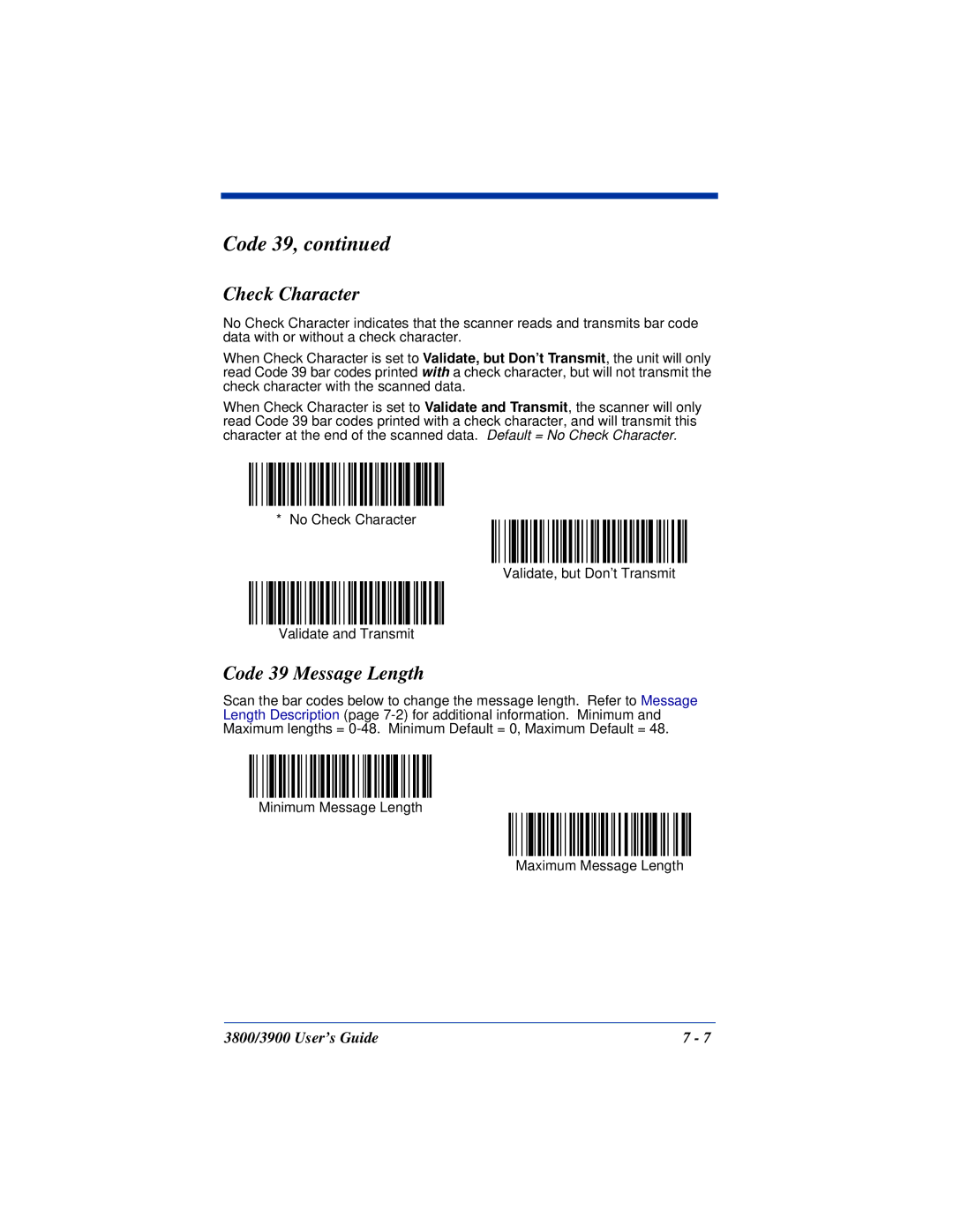 Hand Held Products 3800, 3900 manual Check Character, Code 39 Message Length 