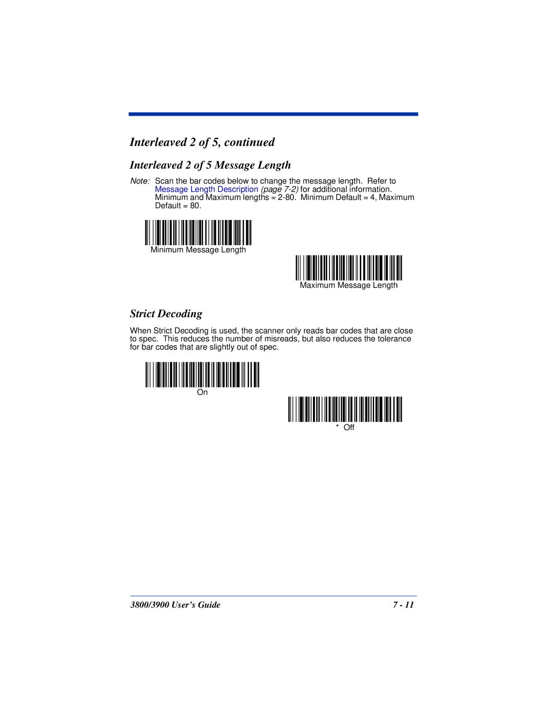 Hand Held Products 3800, 3900 manual Interleaved 2 of 5 Message Length, Strict Decoding 