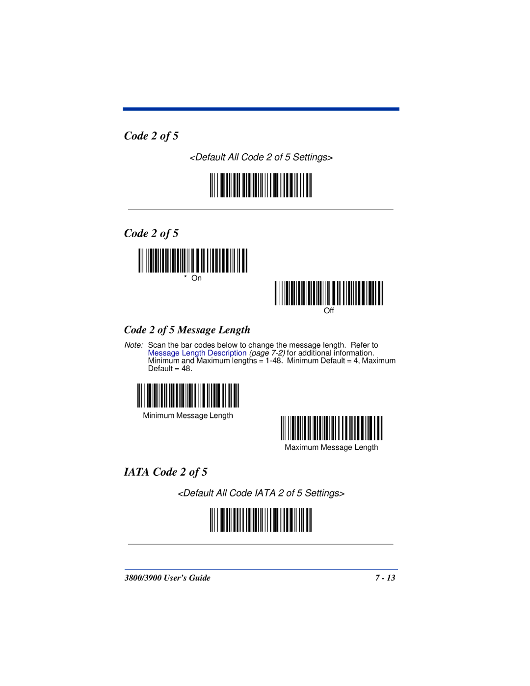 Hand Held Products 3800, 3900 manual Iata Code 2, Code 2 of 5 Message Length 