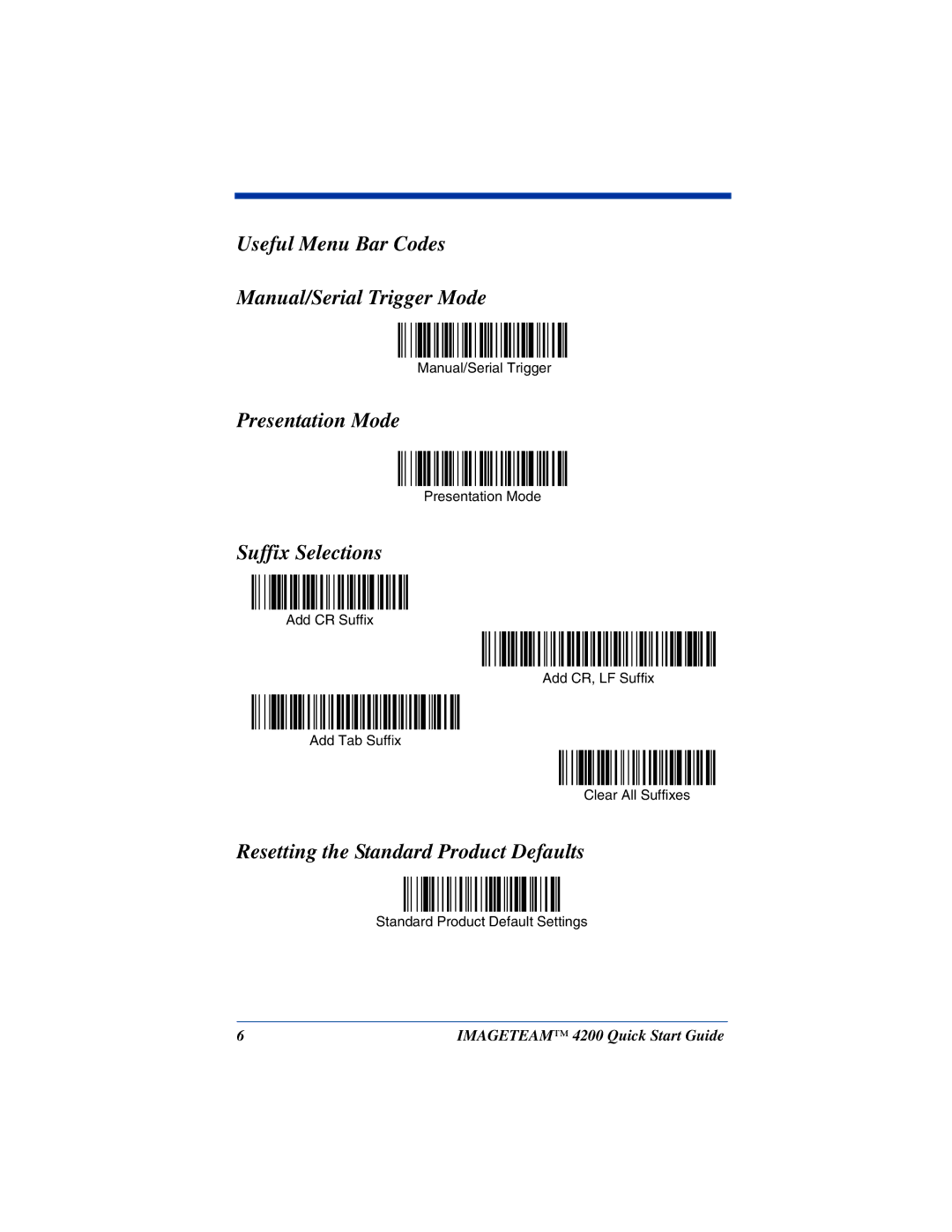 Hand Held Products 4200 quick start Useful Menu Bar Codes Manual/Serial Trigger Mode, Presentation Mode, Suffix Selections 