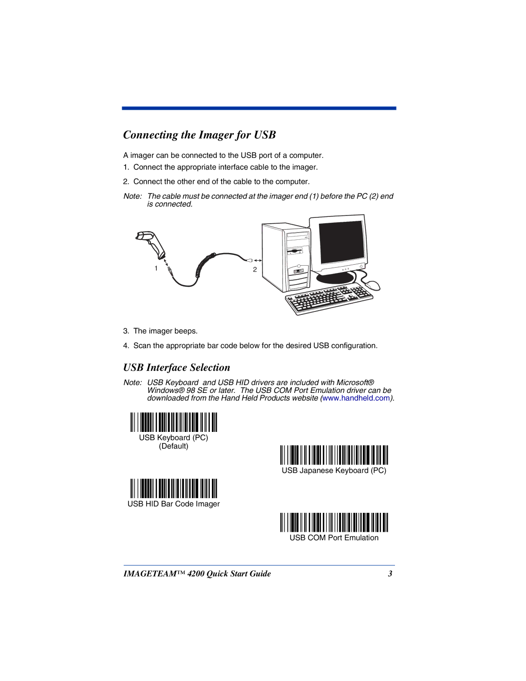 Hand Held Products 4200 quick start Connecting the Imager for USB, USB Interface Selection 