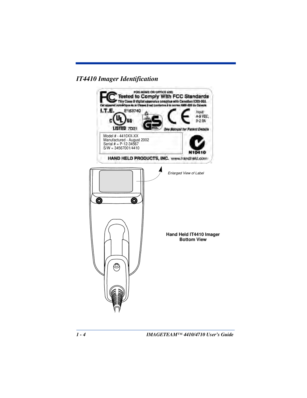 Hand Held Products 4410, 4710 manual IT4410 Imager Identification, Hand Held IT4410 Imager Bottom View 