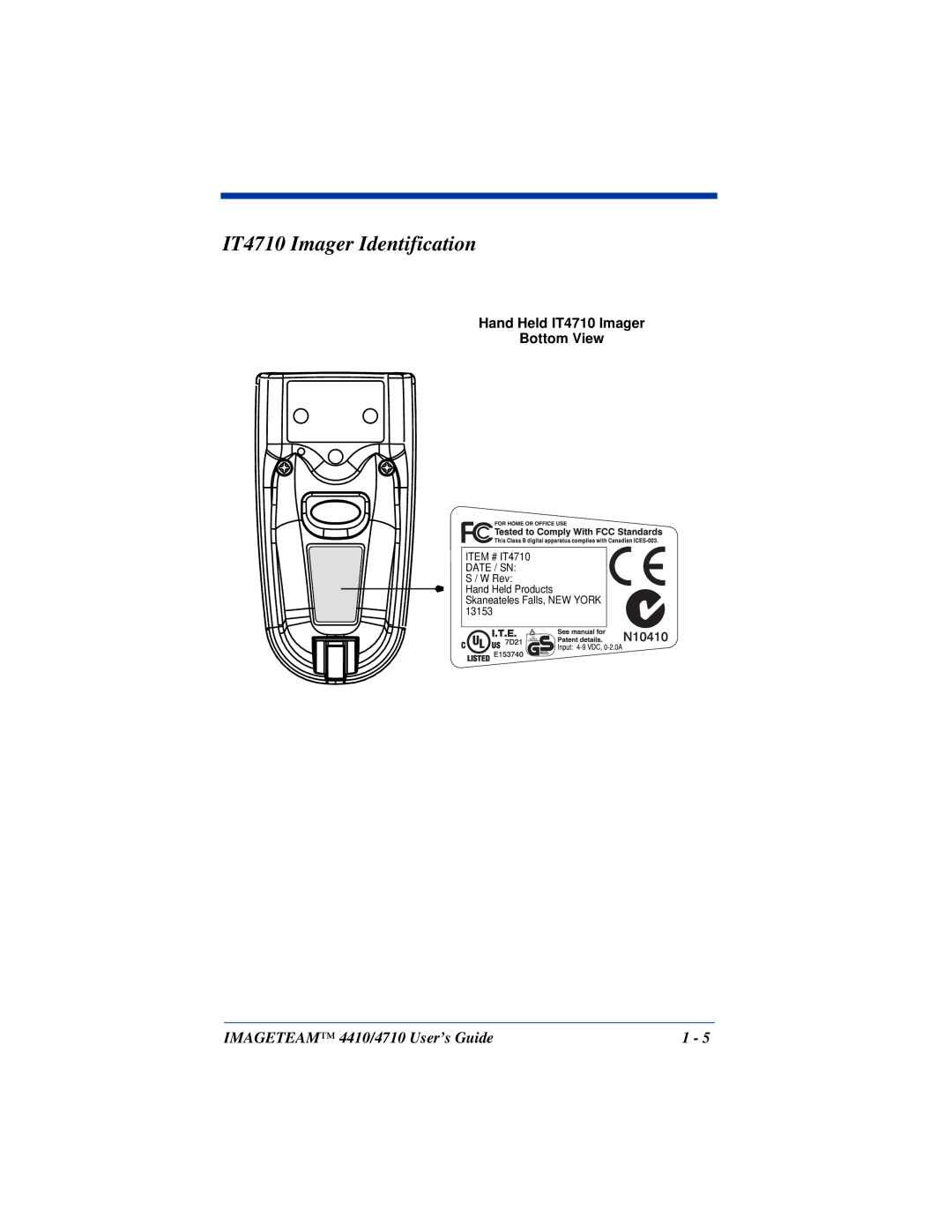 Hand Held Products 4410, 4710 manual IT4710 Imager Identification, Hand Held IT4710 Imager Bottom View 