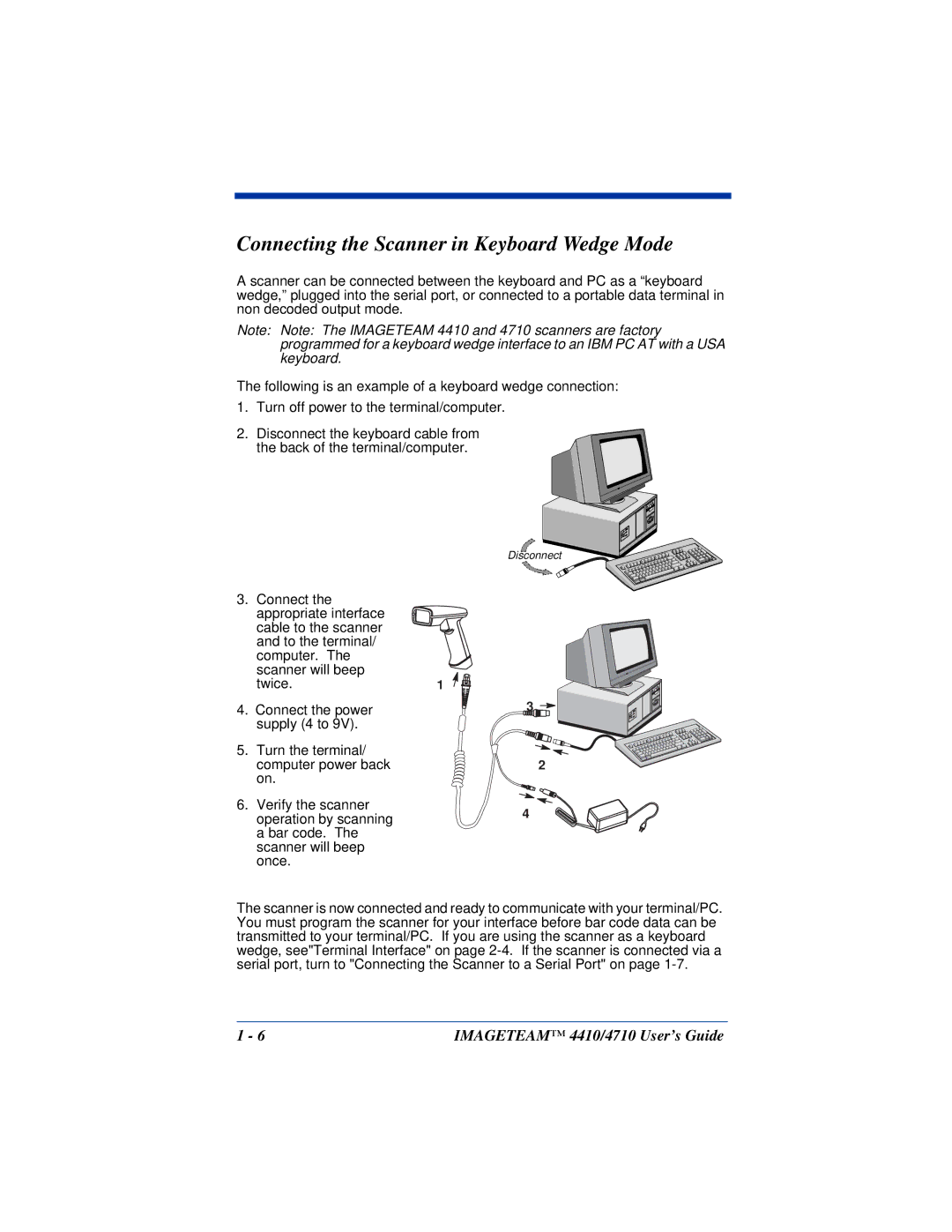 Hand Held Products 4410, 4710 manual Connecting the Scanner in Keyboard Wedge Mode 