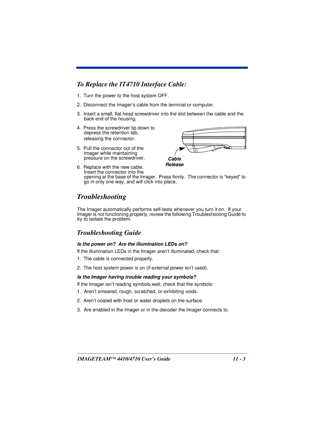 Hand Held Products 4410, 4710 manual To Replace the IT4710 Interface Cable, Troubleshooting Guide 