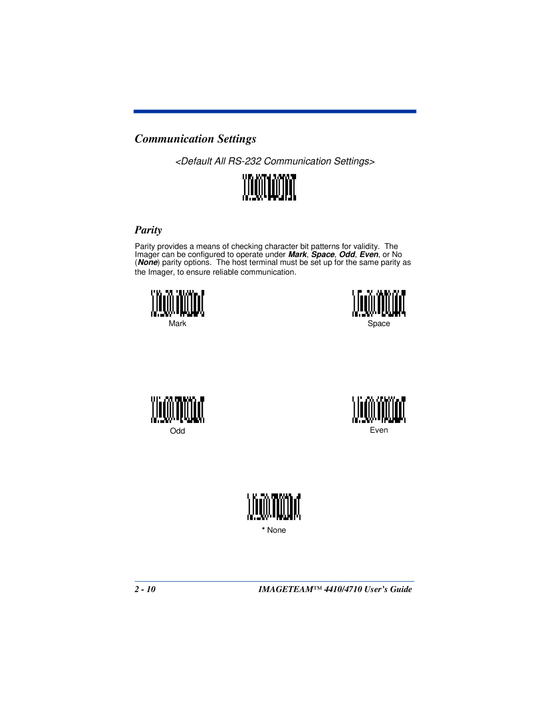 Hand Held Products 4410, 4710 manual Communication Settings, Parity 