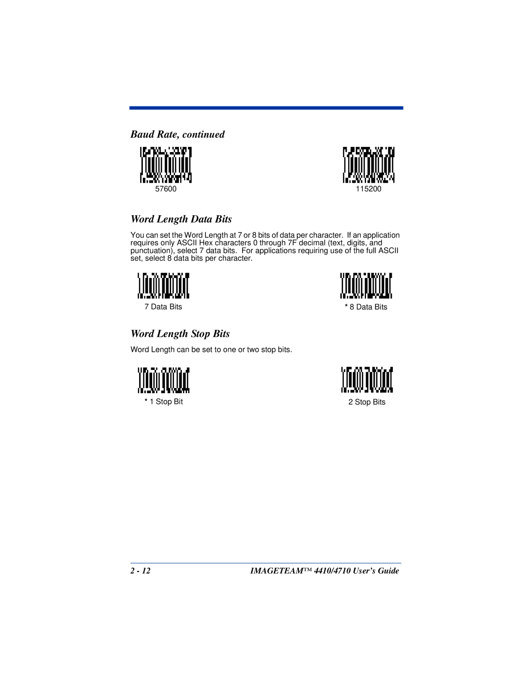 Hand Held Products 4410, 4710 manual Word Length Data Bits, Word Length Stop Bits 