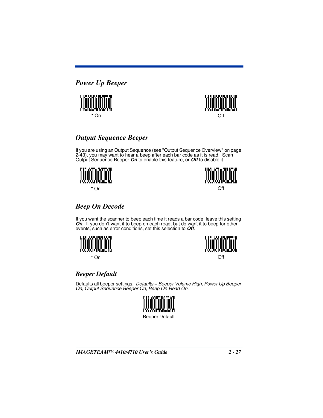 Hand Held Products 4410, 4710 manual Power Up Beeper, Output Sequence Beeper, Beep On Decode, Beeper Default 
