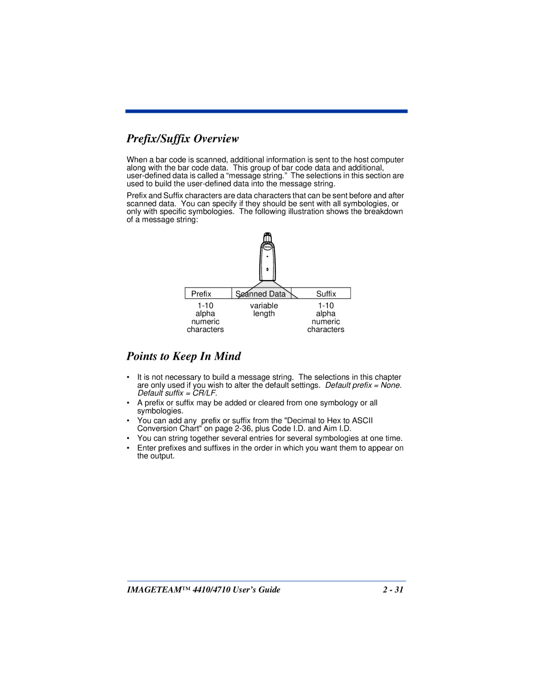 Hand Held Products 4410, 4710 manual Prefix/Suffix Overview, Points to Keep In Mind 