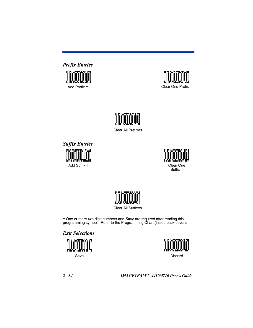 Hand Held Products 4410, 4710 manual Prefix Entries, Suffix Entries, Exit Selections 