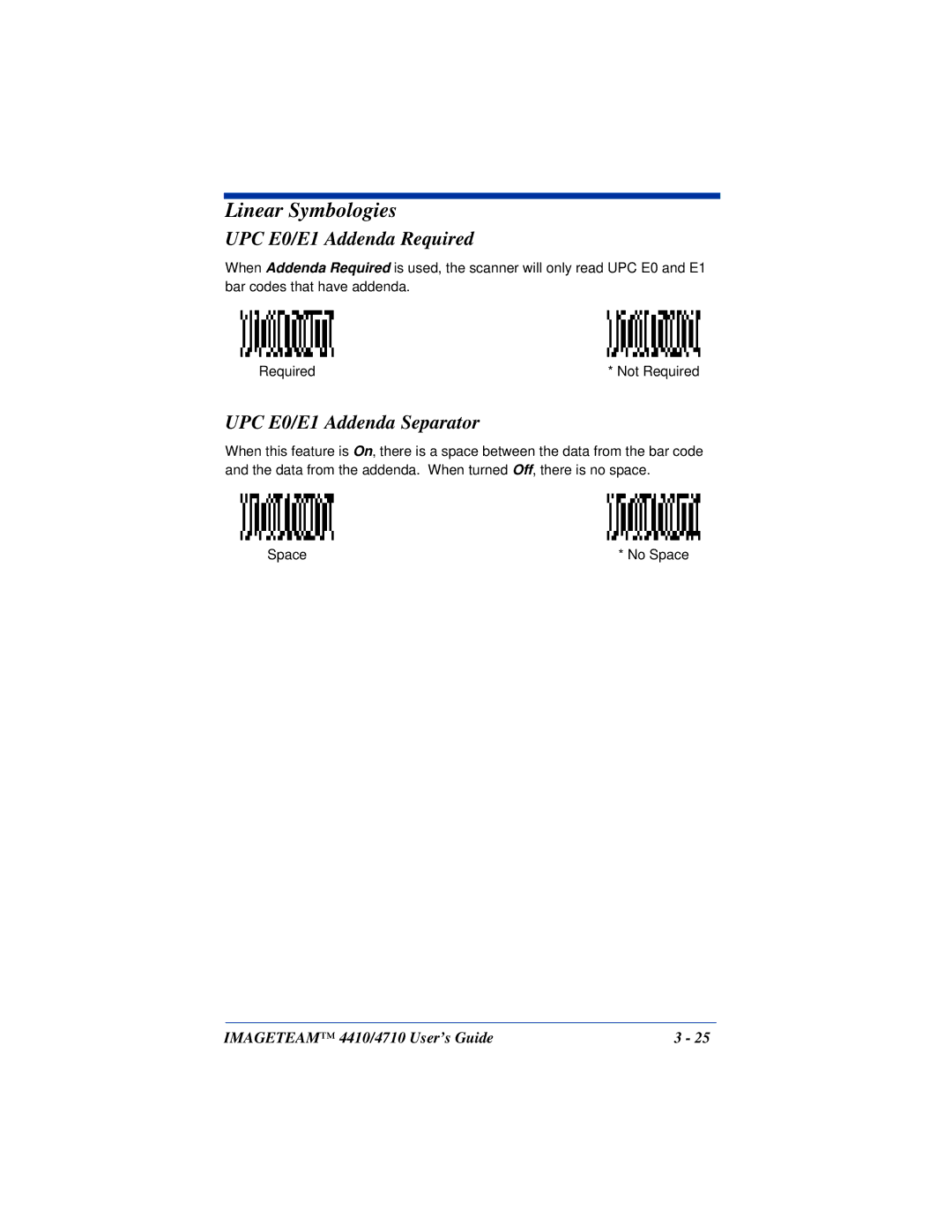 Hand Held Products 4410, 4710 manual UPC E0/E1 Addenda Required, UPC E0/E1 Addenda Separator 