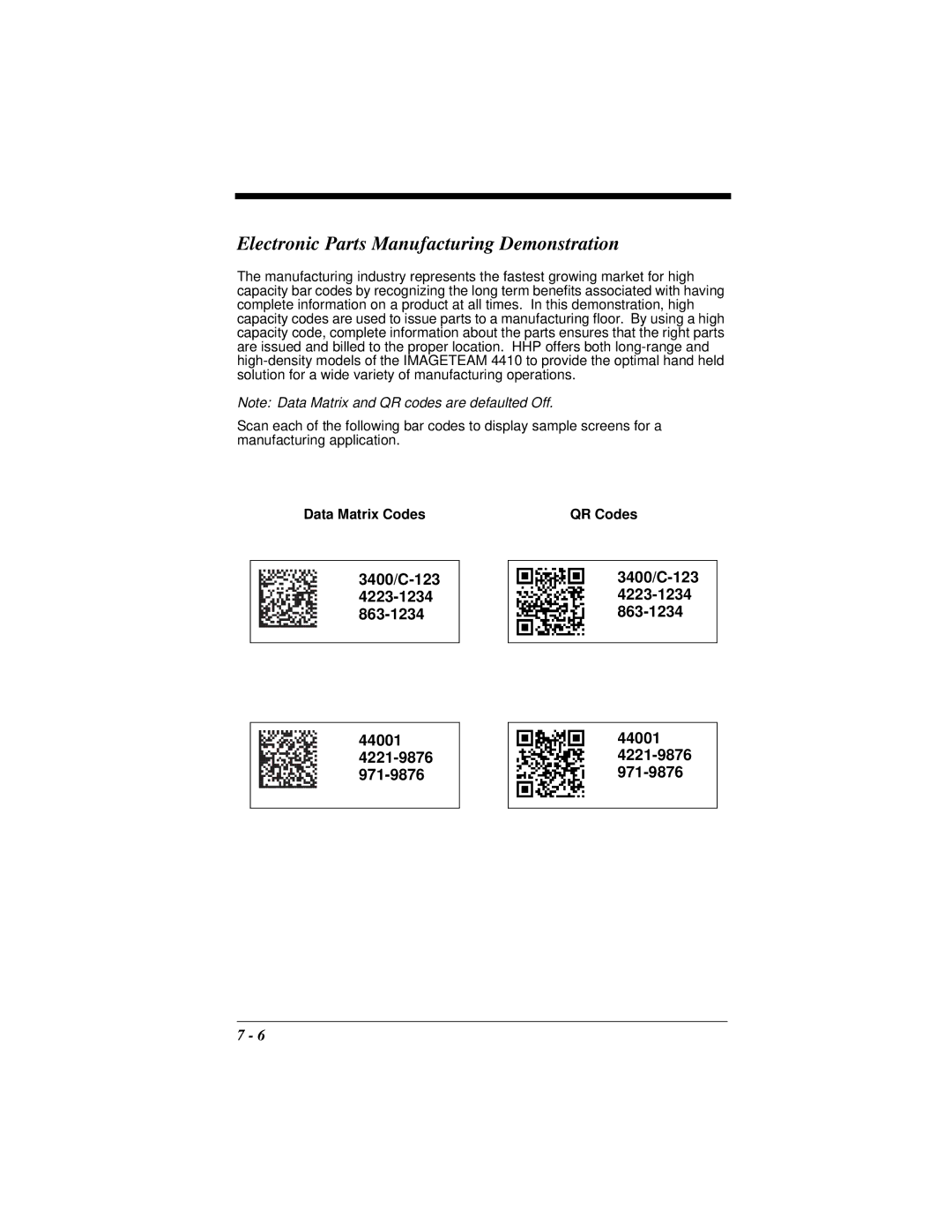 Hand Held Products 4410 manual Electronic Parts Manufacturing Demonstration, Data Matrix Codes, QR Codes 