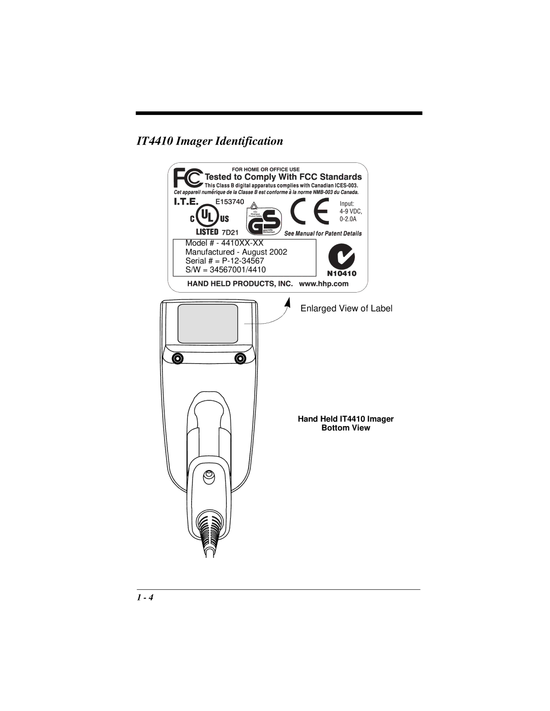 Hand Held Products manual IT4410 Imager Identification, Hand Held IT4410 Imager Bottom View 