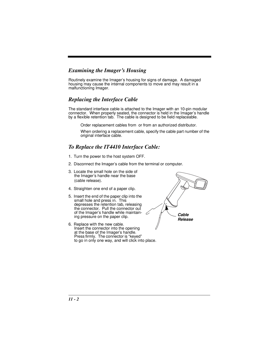 Hand Held Products 4410 manual Examining the Imager’s Housing, Replacing the Interface Cable 