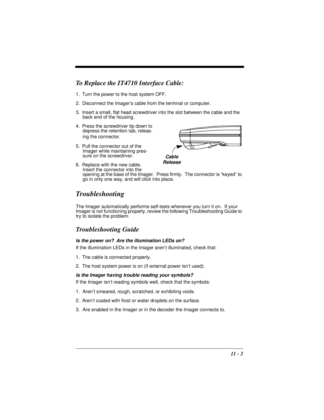 Hand Held Products 4410 manual To Replace the IT4710 Interface Cable, Troubleshooting Guide 