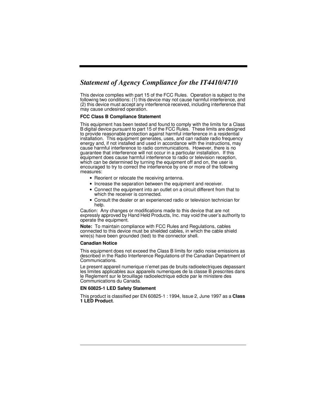 Hand Held Products manual Statement of Agency Compliance for the IT4410/4710, FCC Class B Compliance Statement 