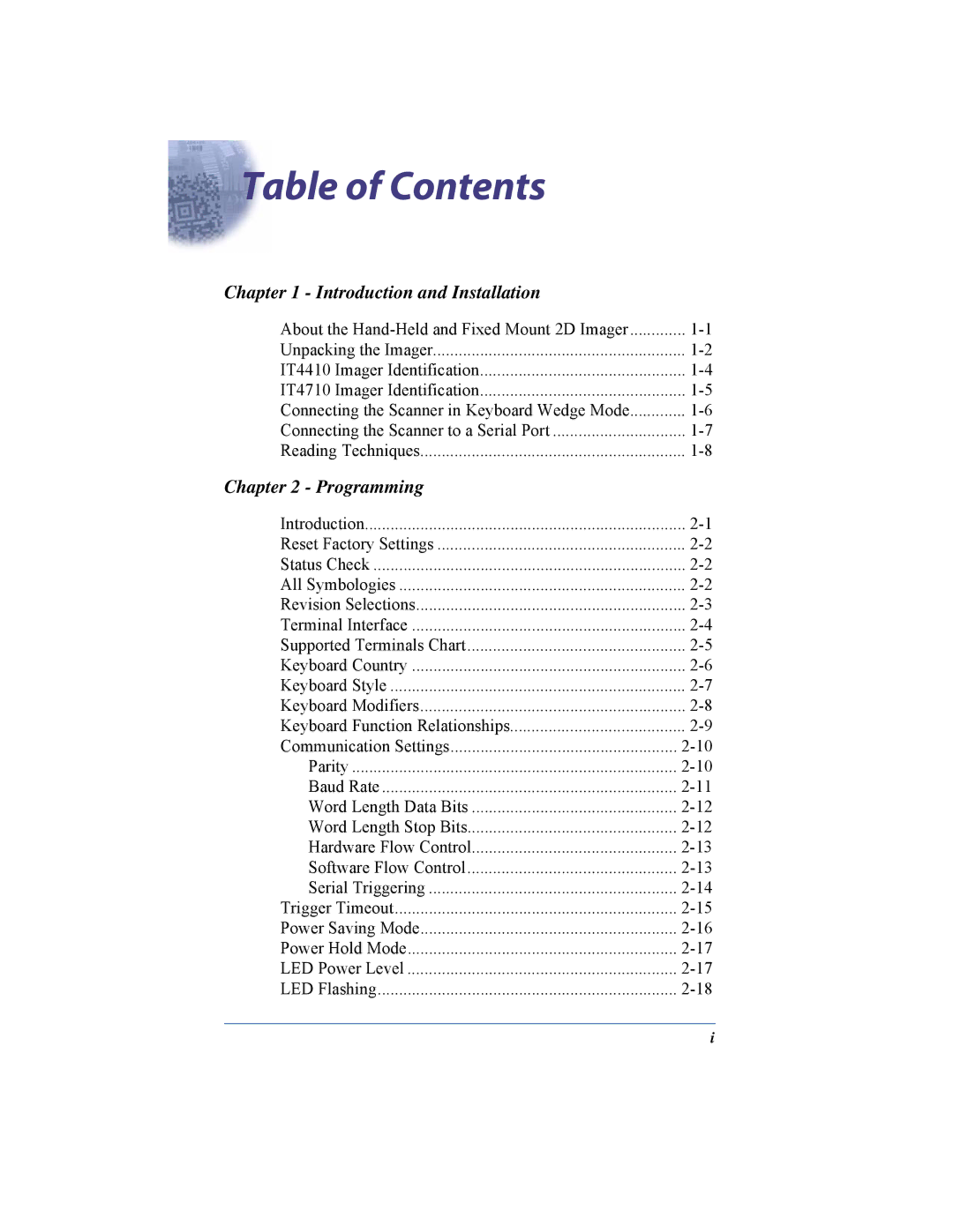 Hand Held Products 4410 manual Table of Contents 