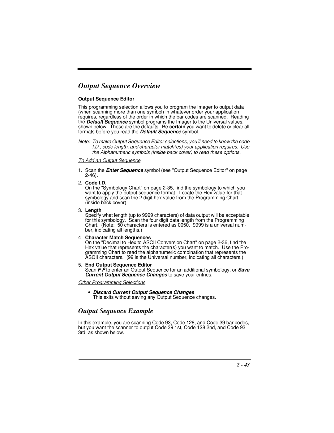 Hand Held Products 4410 manual Output Sequence Overview, Output Sequence Example, Output Sequence Editor 