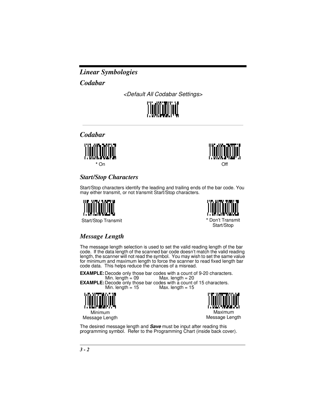 Hand Held Products 4410 manual Linear Symbologies Codabar, Start/Stop Characters, Message Length 