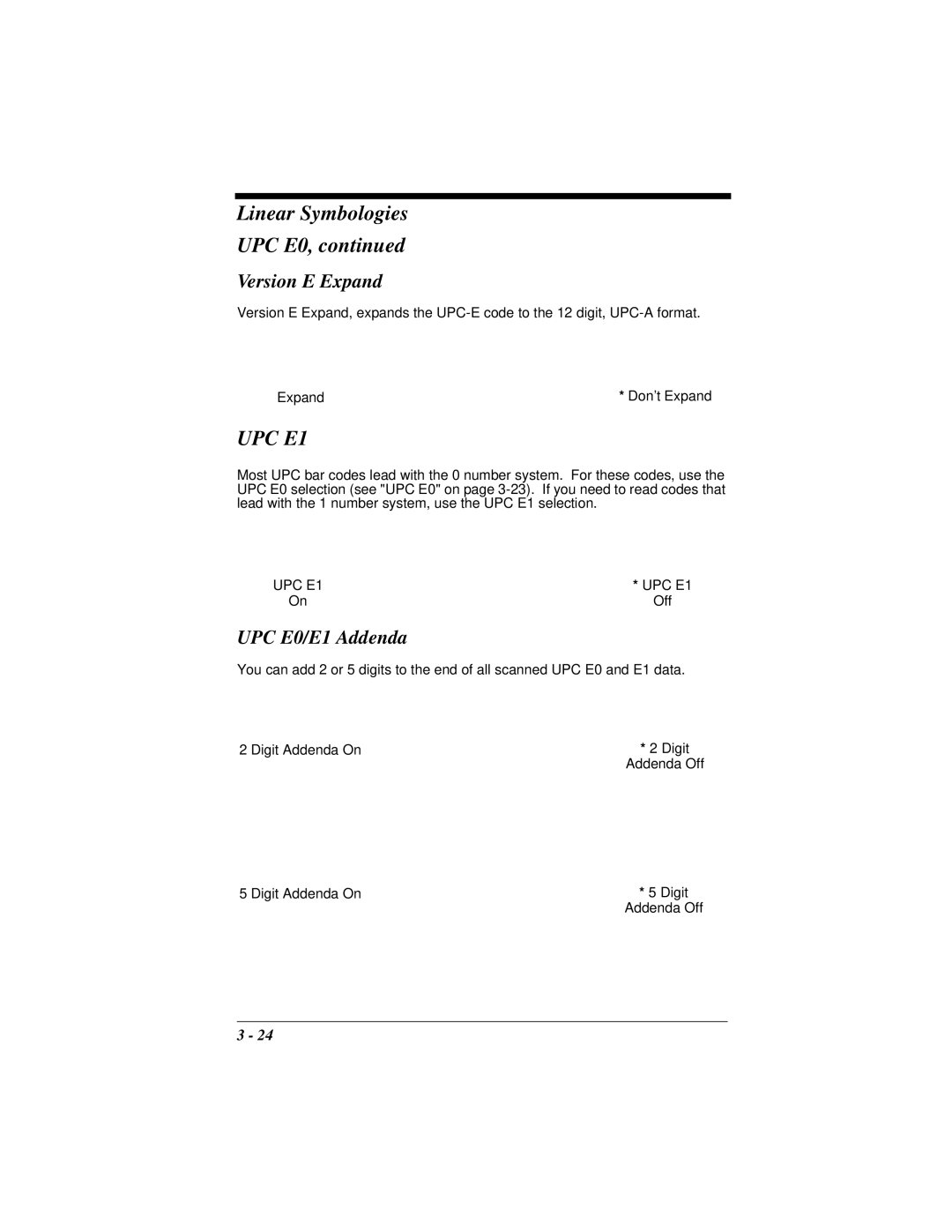 Hand Held Products 4410 manual Linear Symbologies UPC E0, Version E Expand, UPC E0/E1 Addenda 