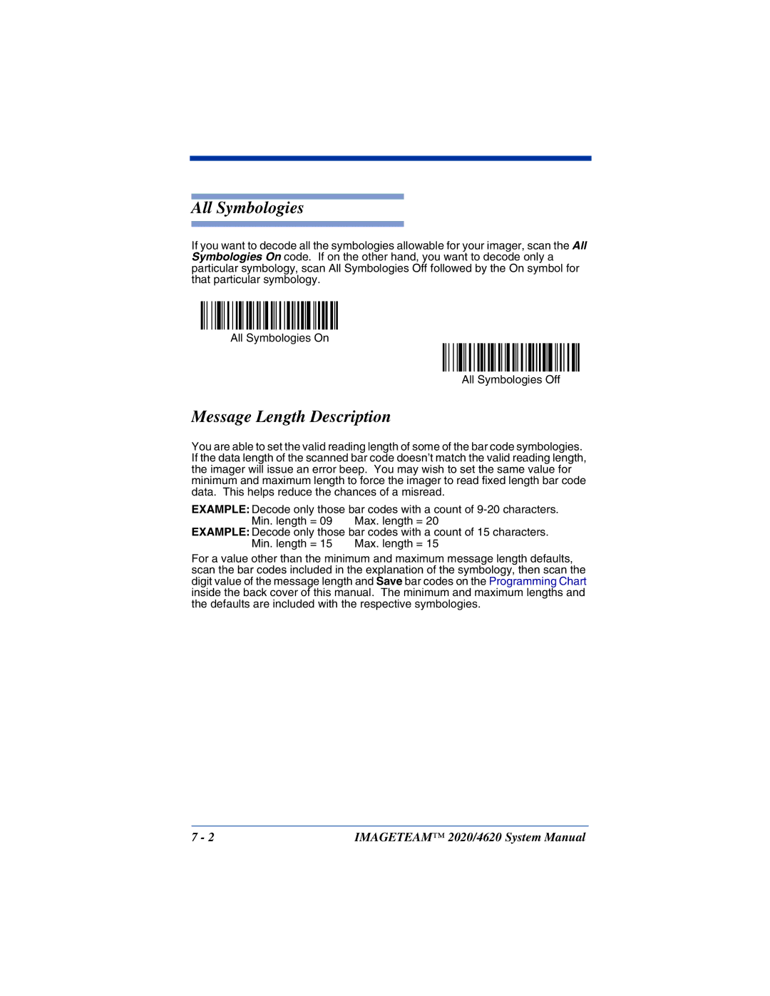 Hand Held Products 4620, 2020 system manual All Symbologies, Message Length Description 