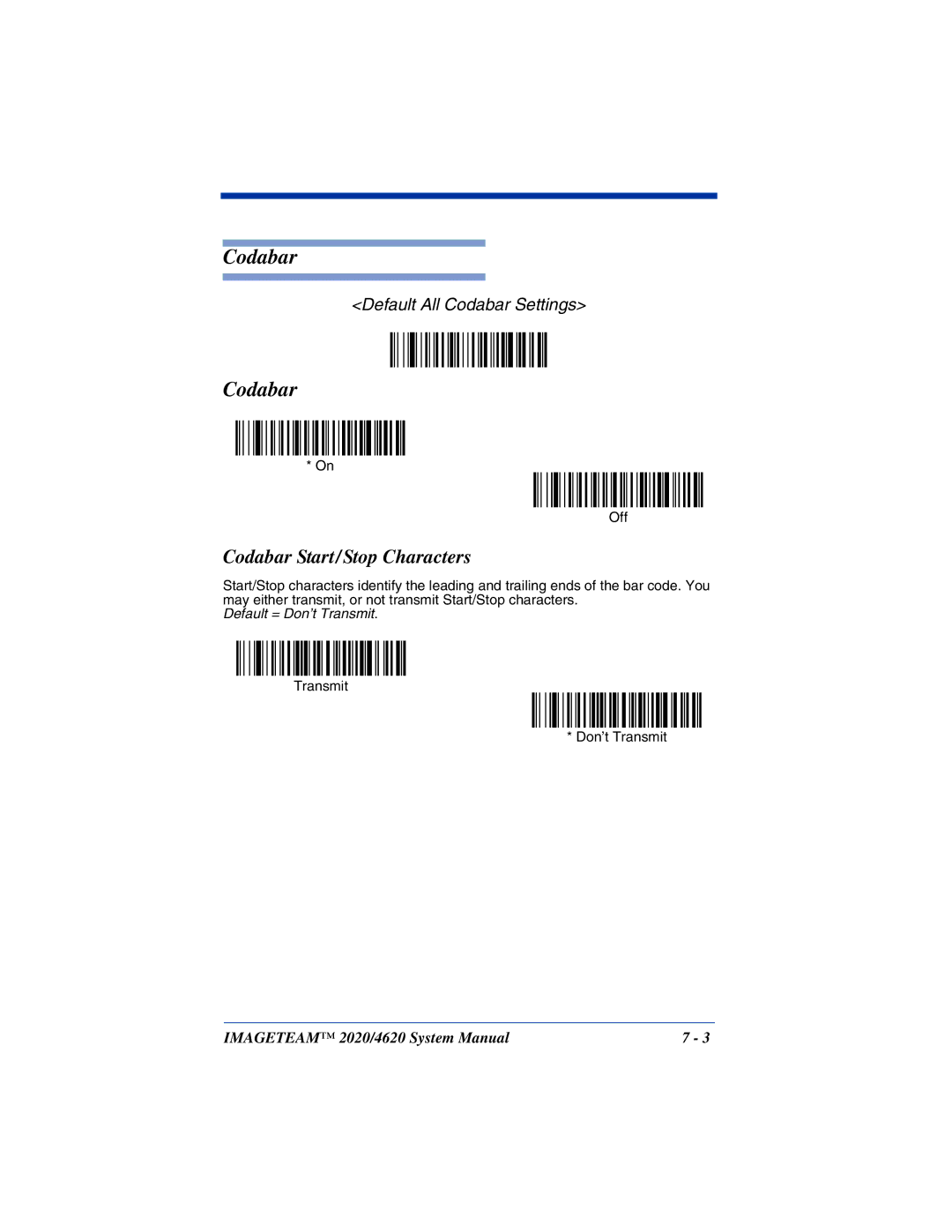 Hand Held Products 2020, 4620 system manual Codabar Start/Stop Characters 