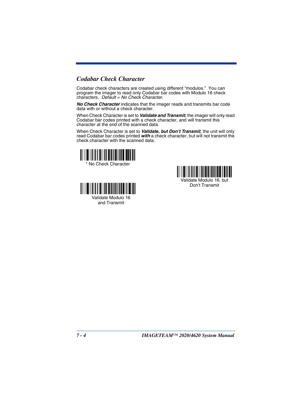 Hand Held Products 4620, 2020 system manual Codabar Check Character 