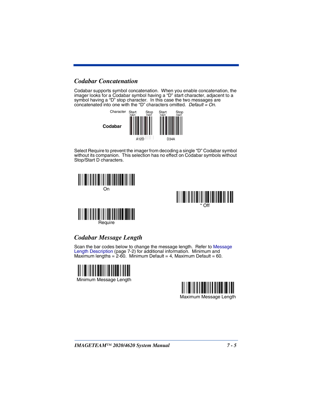 Hand Held Products 2020, 4620 system manual Codabar Concatenation, Codabar Message Length 