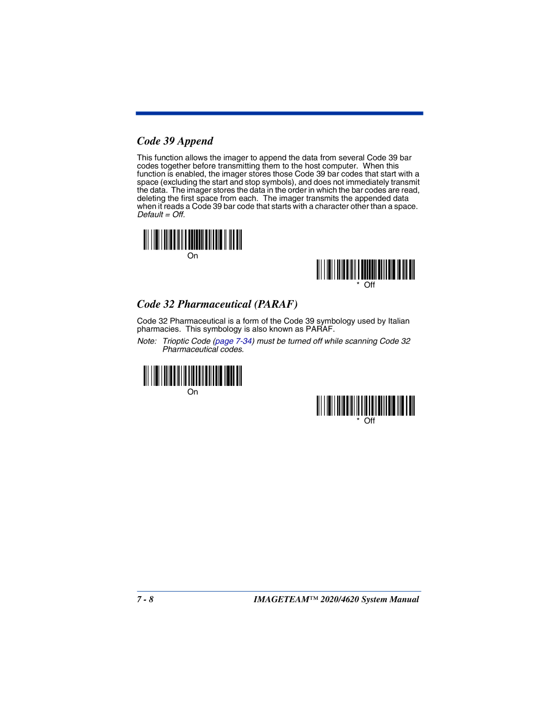 Hand Held Products 4620, 2020 system manual Code 39 Append, Code 32 Pharmaceutical Paraf 