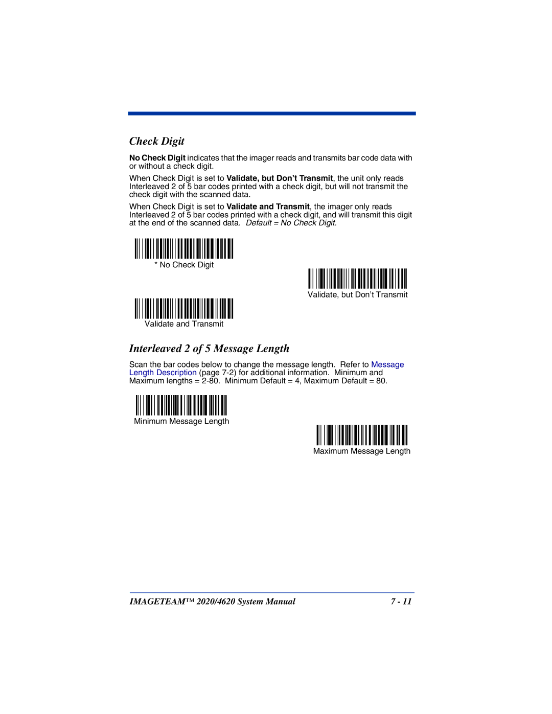 Hand Held Products 2020, 4620 system manual Check Digit, Interleaved 2 of 5 Message Length 