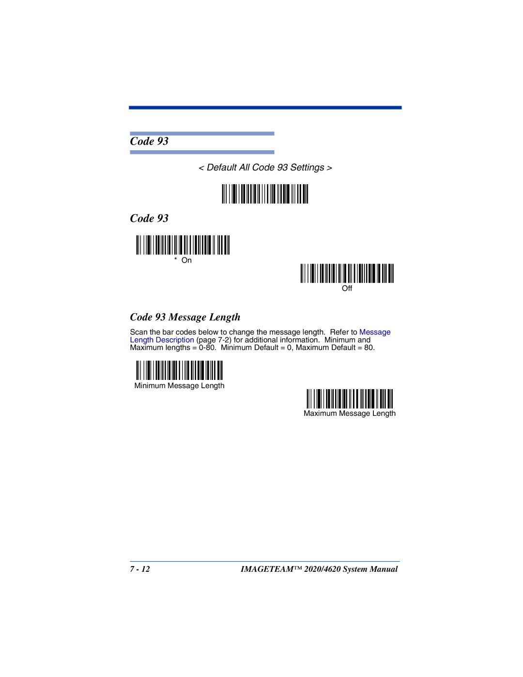 Hand Held Products 4620, 2020 system manual Code 93 Message Length 