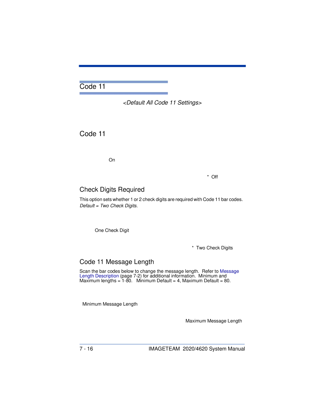 Hand Held Products 4620, 2020 system manual Check Digits Required, Code 11 Message Length 