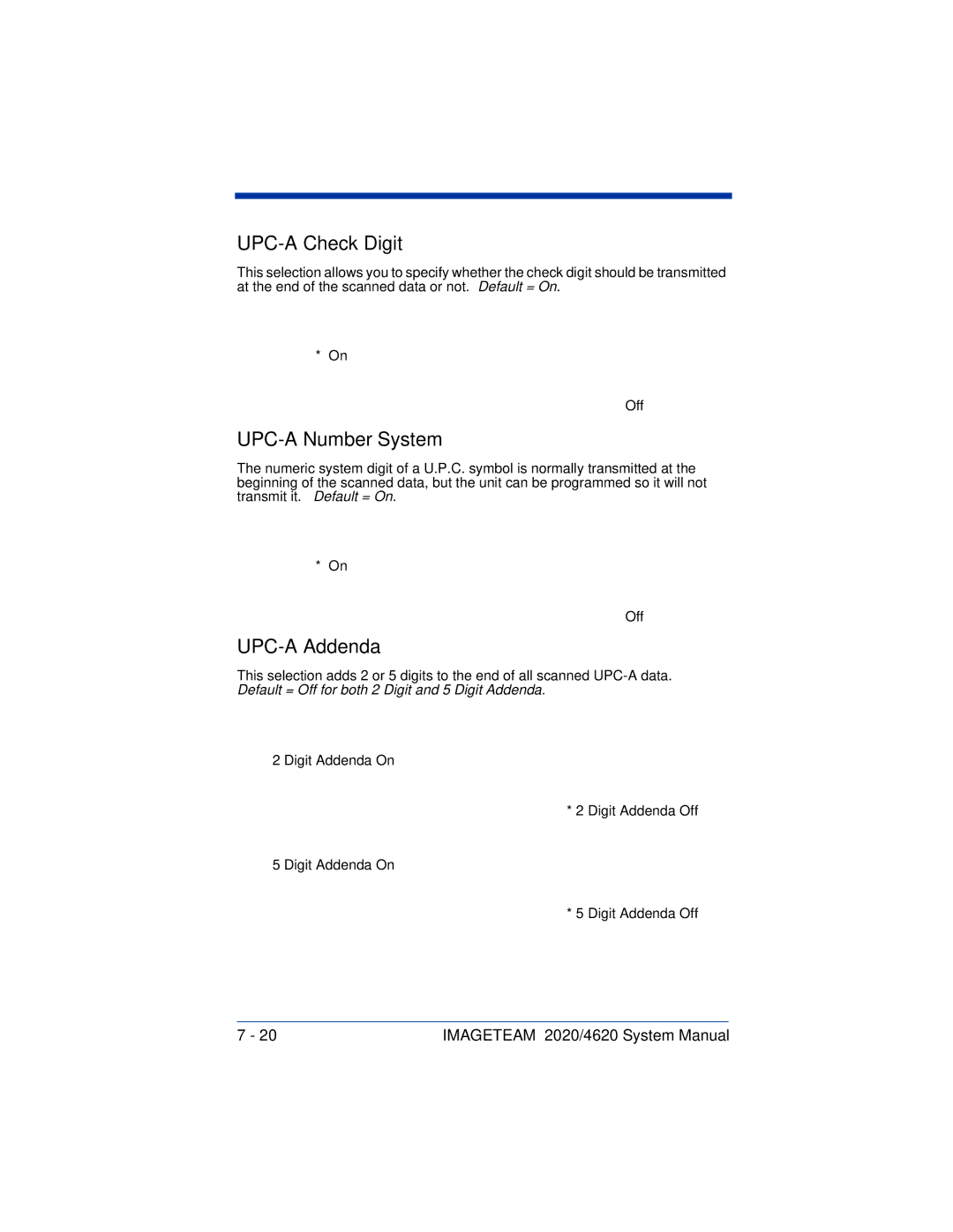 Hand Held Products 4620, 2020 system manual UPC-A Check Digit, UPC-A Number System, UPC-A Addenda 