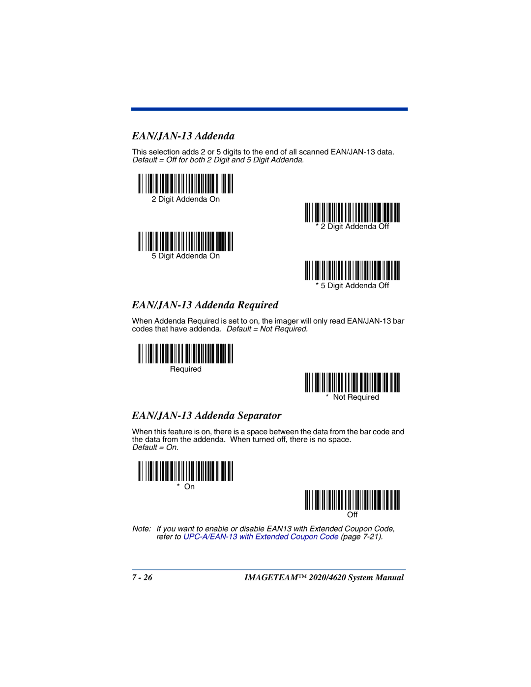 Hand Held Products 4620, 2020 system manual EAN/JAN-13 Addenda Required, EAN/JAN-13 Addenda Separator 