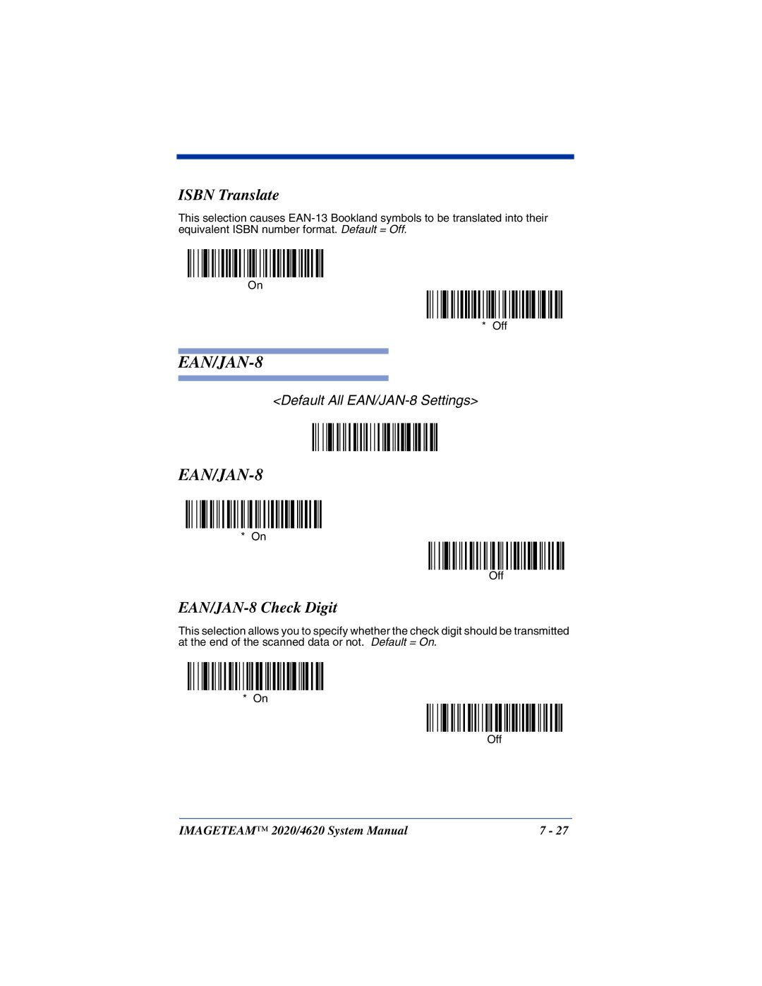 Hand Held Products 2020, 4620 system manual Isbn Translate, EAN/JAN-8 Check Digit 