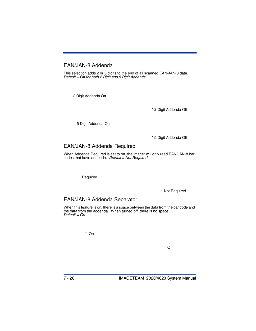 Hand Held Products 4620, 2020 system manual EAN/JAN-8 Addenda Required, EAN/JAN-8 Addenda Separator 