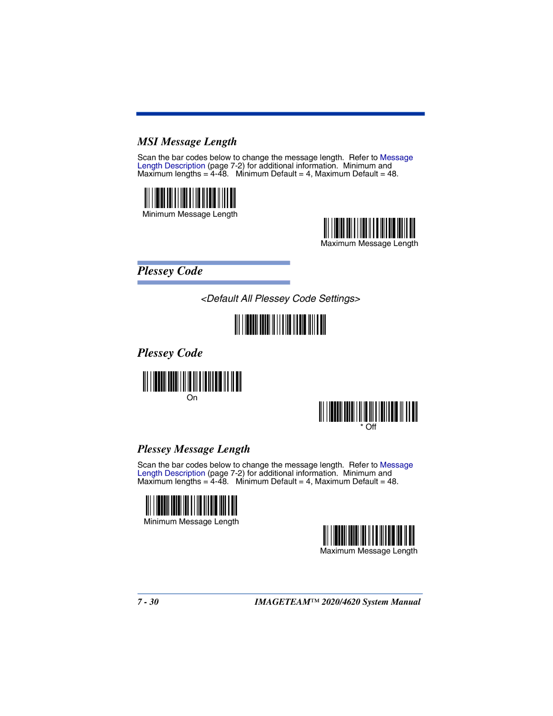 Hand Held Products 4620, 2020 system manual Plessey Code, MSI Message Length, Plessey Message Length 