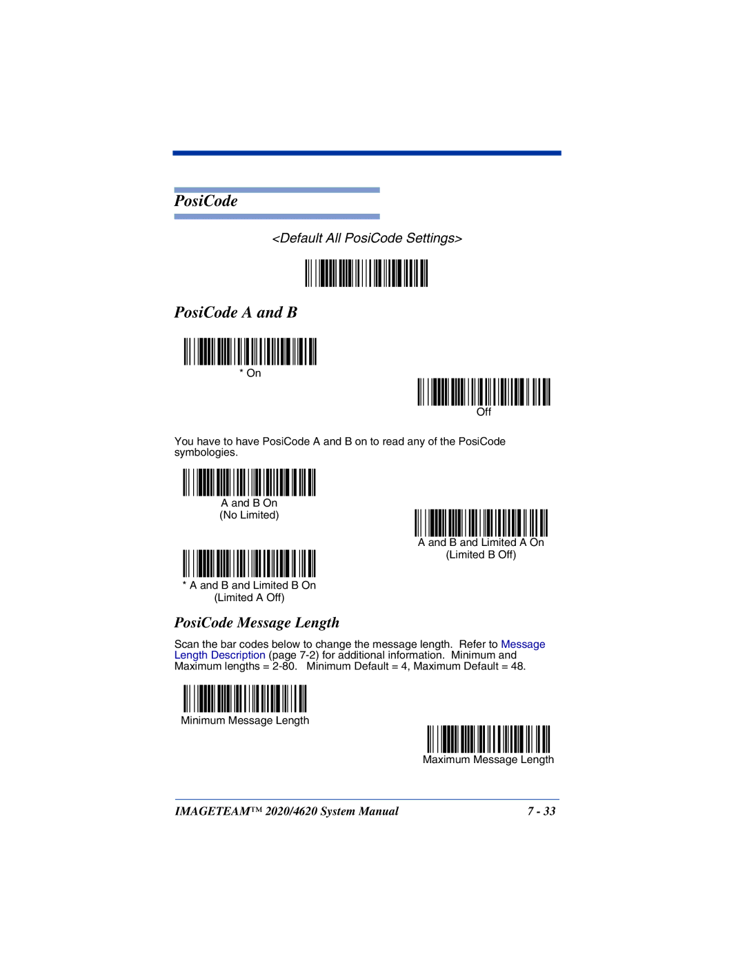 Hand Held Products 2020, 4620 system manual PosiCode a and B, PosiCode Message Length 